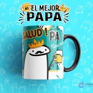 Taza sublimada con diseño Flork 'SALUD! PA Una más' con Flork coronado y una cerveza, plantilla para tazas del Día del Padre.