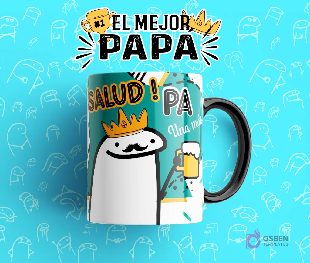 Taza sublimada con diseño Flork 'SALUD! PA Una más' con Flork coronado y una cerveza, plantilla para tazas del Día del Padre. Taza sublimada con diseño Flork 'SALUD! PA Una más' con Flork coronado y una cerveza, plantilla para tazas del Día del Padre.