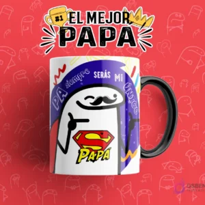 Taza sublimada con diseño Flork 'PA siempre serás mi ÚNICO Super PAPA' con Flork disfrazado de Superman, plantilla ideal para el Día del Padre.