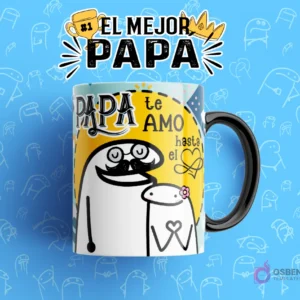 Taza sublimada con diseño Flork 'Papá te amo hasta el corazón' con papá e hijo Flork, plantilla incluida en el pack para el Día del Padre.