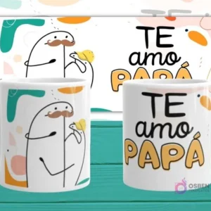 Mockup de dos tazas blancas con la plantilla Flork 'Te amo PAPÁ', mostrando un Flork con bigote y un Flork bebé con una flor, con fondo abstracto claro y colores cálidos.