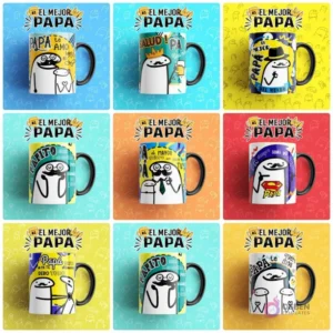 Vista en cuadrícula de las 8 plantillas Flork para sublimar tazas del Día del Padre, mostrando todos los diseños únicos de la colección.