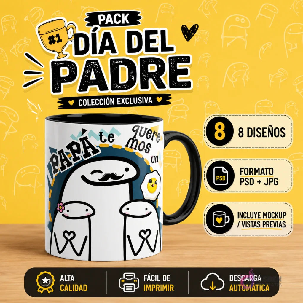 Taza Flork personalizada con diseño 'Papa te queremos' para sublimar, parte del pack Día del Padre con 8 diseños, formatos PSD JPG y mockups. Taza Flork personalizada con diseño 'Papa te queremos' para sublimar, parte del pack Día del Padre con 8 diseños, formatos PSD JPG y mockups.