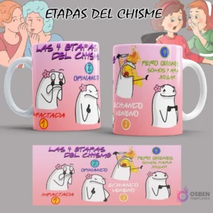 Diseño de sublimación de Flork 'Las 4 Etapas del Chisme' sobre una taza con fondo azul, mostrando los memes de