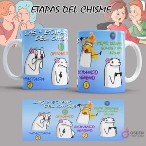 Conjunto completo de diseños de Flork 'Etapas del Chisme' exhibidos en una taza mockup con fondo blanco, resaltando cada fase del meme.