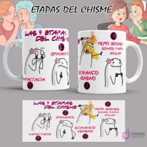 Maqueta de taza Flork con el diseño 'Etapas del Chisme' en un vibrante fondo rosa, ideal para personalizar tus productos sublimados.