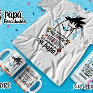 Plantilla Flork como Goku Super Saiyajin con la frase 'El superhéroe más fuerte, valiente e increíble es mi papá' para sublimación de regalos.
