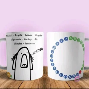Taza sublimada Flork sorprendido por lista de bebidas y 'Lechee', y diseño de abecedario circular