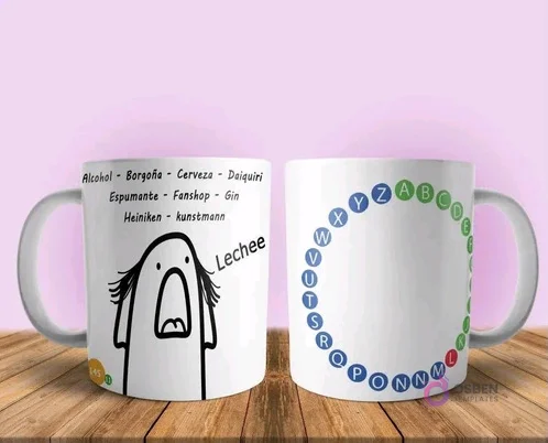 Taza sublimada Flork sorprendido por lista de bebidas y 'Lechee', y diseño de abecedario circular Taza sublimada Flork sorprendido por lista de bebidas y 'Lechee', y diseño de abecedario circular