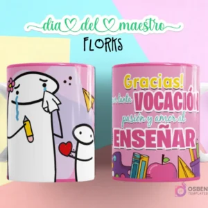 Flork llorando con lápiz, abrazado por Flork pequeño, fondo rosa, y taza con