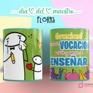Flork llorando con lápiz, abrazado por Flork pequeño, fondo verde, y taza con