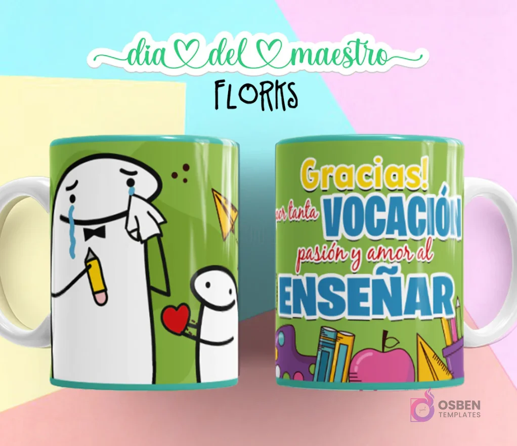 Flork llorando con lápiz, abrazado por Flork pequeño, fondo verde, y taza con "Gracias por tanta VOCACIÓN, pasión y amor al ENSEÑAR" con iconos de escuela. Flork llorando con lápiz, abrazado por Flork pequeño, fondo verde, y taza con "Gracias por tanta VOCACIÓN, pasión y amor al ENSEÑAR" con iconos de escuela.