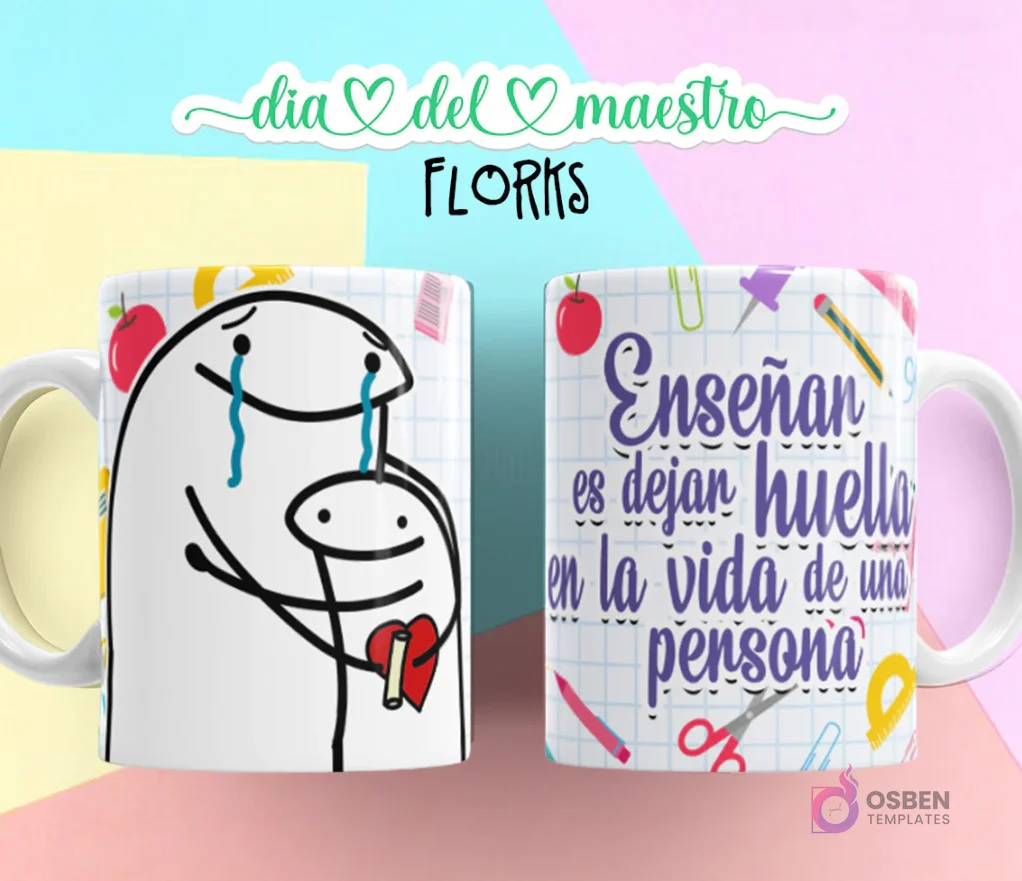 Flork llorando con lápiz, abrazado por Flork pequeño, fondo cuadriculado, y taza con "Enseñar es dejar huella en la vida de una persona" con útiles escolares. Flork llorando con lápiz, abrazado por Flork pequeño, fondo cuadriculado, y taza con "Enseñar es dejar huella en la vida de una persona" con útiles escolares.