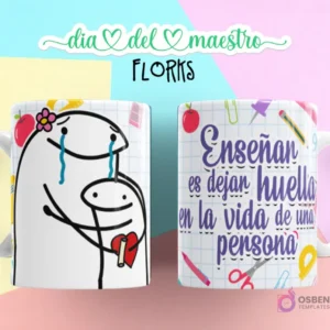 Flork femenina llorando con lazo y lápiz, abrazada por Flork pequeño, fondo cuadriculado, y taza con