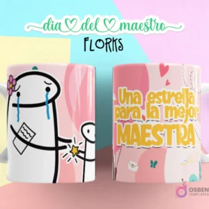 Flork llorando recibiendo una estrella de Flork pequeño, fondo rosa con corazones, y taza con