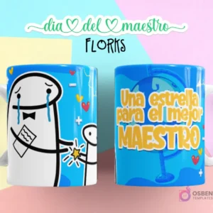 Flork llorando recibiendo una estrella de Flork pequeño, fondo azul con corazones, y taza con