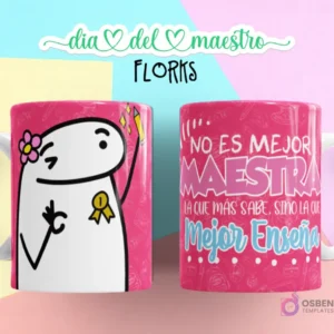 Flork femenina con flor y medalla de primer puesto, haciendo un gesto de OK, fondo rosa, y taza con