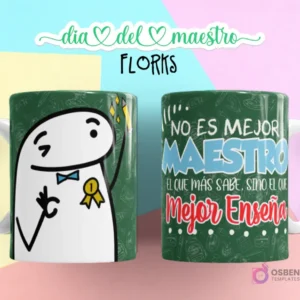 Flork masculino con moño y medalla de primer puesto, haciendo un gesto de OK, fondo verde, y taza con