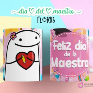 Flork femenina con flor en la cabeza, abrazando un corazón con lápiz, fondo rosa, y taza con
