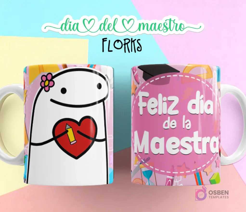 Flork femenina con flor en la cabeza, abrazando un corazón con lápiz, fondo rosa, y taza con "Feliz día de la Maestra" y birrete. Flork femenina con flor en la cabeza, abrazando un corazón con lápiz, fondo rosa, y taza con "Feliz día de la Maestra" y birrete.