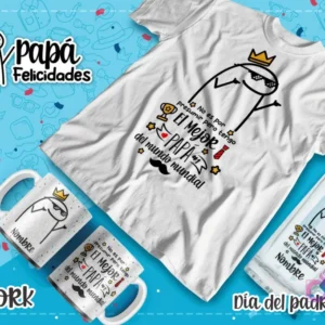 Plantilla Flork con bigote y trofeo, mensaje 'El mejor papá del mundo mundial' para sublimación en tazas y poleras.
