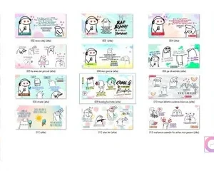 Vista en cuadrícula de los 21 diseños de Flork para sublimación, mostrando una variedad de memes con letras de canciones populares en un fondo blanco.