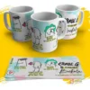Tres tazas blancas con diseños Flork y letra de Karol G "Bichota" sobre un fondo amarillo vibrante, acompañadas de la plantilla de sublimación extendida.