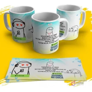 Tres tazas blancas con Flork y la letra de Nio García 