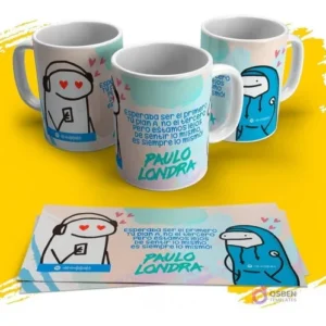 Tres tazas blancas con Flork escuchando música y la letra de una canción de Paulo Londra, incluyendo un Flork con capucha, sobre un fondo amarillo.