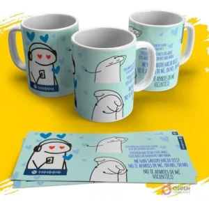 Tres tazas blancas con Flork y la letra de Vicentico 