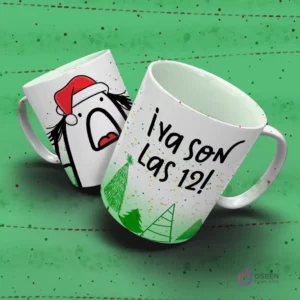 Mugs con Flork gritando 'Ya son Las 12' y Flork con gorro de Santa sorprendido. Diseño temático de Nochebuena.
