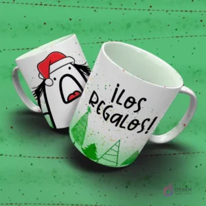 Diseño de taza Flork navideña con Flork gritando y la frase '¡Los Regalos!'. Ideal para amantes de los obsequios.