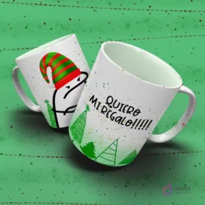 Tazas sublimadas de Flork navideño: Flork con gorro de elfo y el clamor 'QUIERO MI REGALO!!!!!' entre árboles de Navidad.