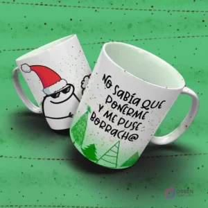 Taza navideña con Flork usando gorro de Santa y gafas, acompañado del humorístico texto 'No sabía que ponerme y me puse Borrach@'.