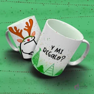 Taza de Flork navideña: Flork disfrazado de reno con astas y nariz roja, junto a la pregunta 'Y mi REGALO?'.