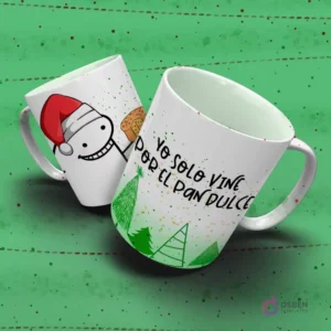 Taza navideña Flork con Flork en gorro de Santa sosteniendo un pan dulce y el divertido texto 'Yo solo vine por el PAN DULCE'.