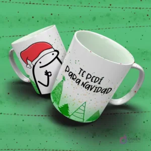 Taza Flork Navidad con Flork en gorro de Santa haciendo un gesto de súplica y el romántico mensaje 'TE PEDÍ PARA NAVIDAD'.