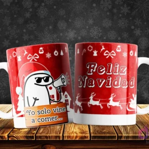 Taza navideña de Flork con gorro de Santa y megáfono, meme 'Yo solo vine a comer', fondo rojo festivo con Feliz Navidad y renos.