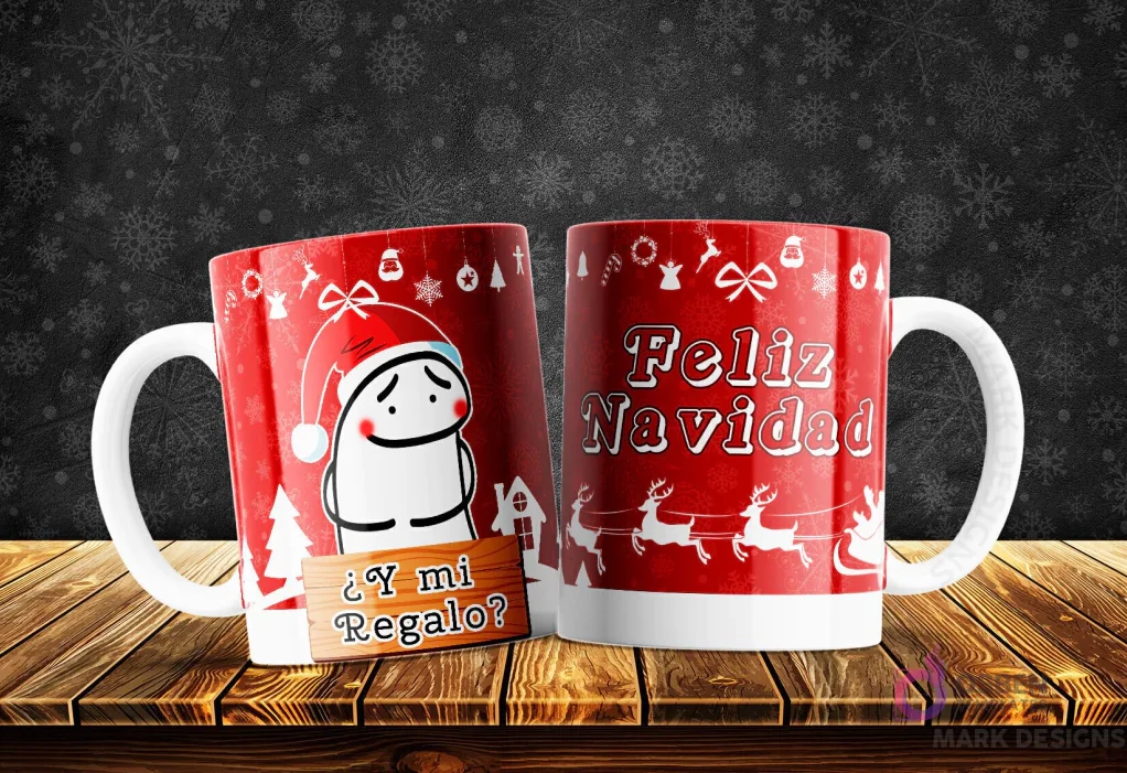 Taza con Flork navideño en gorro de Santa, exigiendo '¿Y mi Regalo?' con humor, sobre fondo rojo de Feliz Navidad. Taza con Flork navideño en gorro de Santa, exigiendo '¿Y mi Regalo?' con humor, sobre fondo rojo de Feliz Navidad.