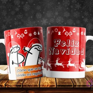 Taza con dos Florks navideños, uno indignado preguntando '¿Cómo se te olvidó mi regalo?', sobre diseño rojo festivo.