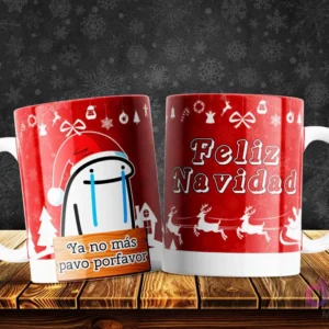 Taza con Flork llorando y suplicando 'Ya no más pavo porfavor', reflejando el hartazgo navideño, diseño rojo.