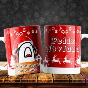 Taza de Flork navideño con expresión de pánico preguntando '¿Y ahora que me pongo!', humor sobre vestimenta festiva.
