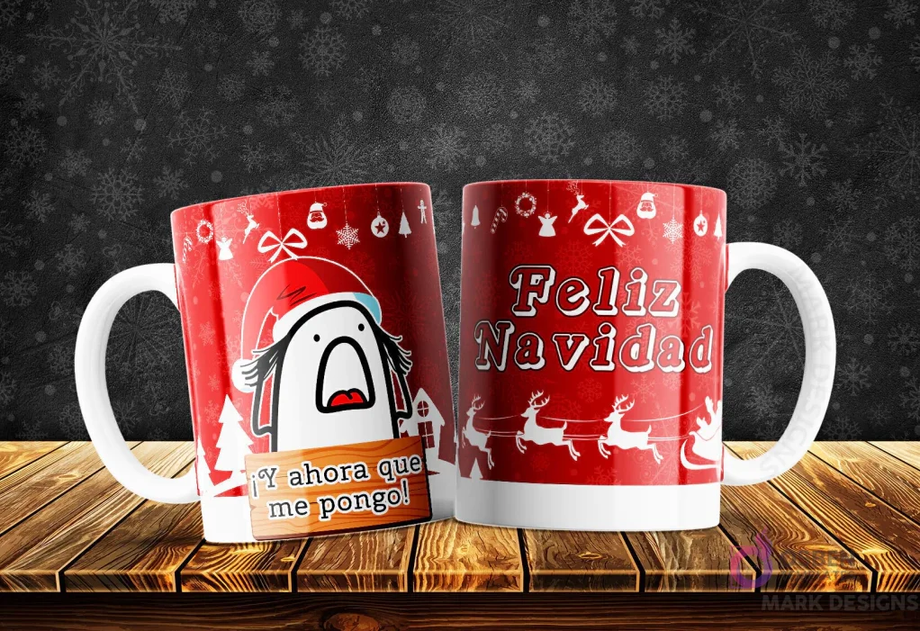 Taza de Flork navideño con expresión de pánico preguntando '¿Y ahora que me pongo!', humor sobre vestimenta festiva. Taza de Flork navideño con expresión de pánico preguntando '¿Y ahora que me pongo!', humor sobre vestimenta festiva.