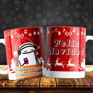 Taza de Flork navideño escuchando música con audífonos, meme 'I wanna wish you a merry christmas', diseño festivo.