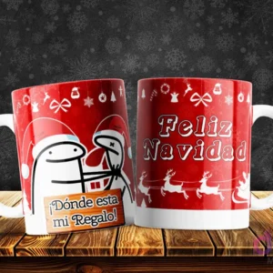 Taza con Flork navideño empujando a otro y exigiendo '¿Dónde está mi Regalo!', con un toque de humor impaciente.