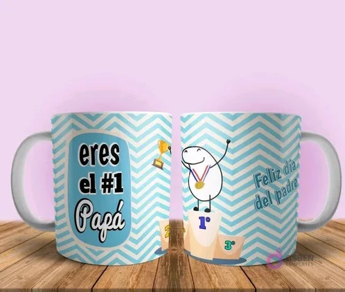 Taza sublimada Flork 'Eres el #1 Papá' en podio con medalla y trofeo, fondo chevron azul Taza sublimada Flork 'Eres el #1 Papá' en podio con medalla y trofeo, fondo chevron azul