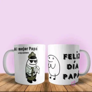 Taza sublimada Flork policía 'Al mejor Papá se deja constancia' y Flork sonriente, mensajes Día del Padre