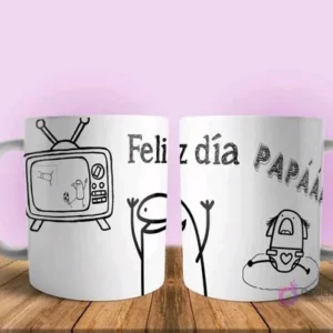 Taza sublimada Flork 'Feliz Día Papá' viendo TV con bebé Flork llorando, humor de paternidad