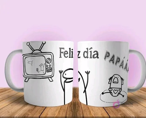 Taza sublimada Flork 'Feliz Día Papá' viendo TV con bebé Flork llorando, humor de paternidad Taza sublimada Flork 'Feliz Día Papá' viendo TV con bebé Flork llorando, humor de paternidad