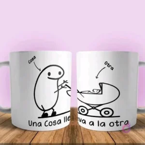 Taza sublimada Flork 'Una cosa lleva a la otra' y Flork bebé en coche, humor sobre etapas de la paternidad